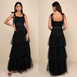 Lulus NWT Enticing Mystique Tulle Tie-Strap Tiered Maxi Dress in Black Large